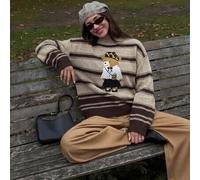 Amerikanischer Retro süßer Kontrastfarben Beige gestreifter Strickpullover, Cartoon Bär Applikation Stickerei, lockerer Schulterfall lässig vielseitig
