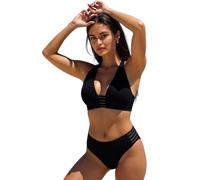 AMISENK Zweiteiliger Damen Badeanzug Neckholder Mit Push Up Schwimmoberteil Niedrige Taille Slip Dreieckiger Tanga Für Damen Badeanzüge Mit V Ausschnitt Und Gepolsterten Körbchen
