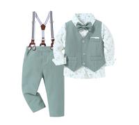 Amissz Kinder Anzug Set Junge, Kinderanzug Hochzeit Festliche Kindermode Jungen Anzüge Langarm Hemd + Hosenträger + Weste + Fliege Taufbekleidung für Baby-Jungen (Grün, 2-3 Jahre)
