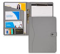 AMKSONS Schreibmappe A4 in Grau inklusive Klemmbrett & DIN A4 Notizblock - Premium Konferenzmappe aus PU-Leder mit Dokumentenfächern, Stiftehalter, Klappdeckel und Magnetverschluss