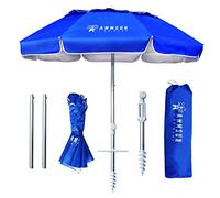 AMMSUN Faltbarer Reise-Strandschirm mit Sandanker, Neigung und Lüftungsschlitz, LSF 50 + UV-Schutz, passt in Koffer, tragbar, kompakt, faltbar, Strandschirm für Terrasse, Garten, Strand, Pool, Blau,