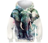 AMNOOL Kinder Elefant 3D Print Hoodie Frühling Langarm Kinder Casual Herren und Damen Sweatshirt 8-10Y