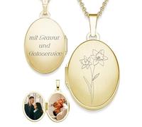 Amoonìc Medaillon Gold oval mit Geburtsblume Narzisse Geburtsmonat März | Foto Amulett Anhänger antik vintage | personalisierte Halskette Damen