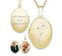 Amoonìc Medaillon Gold oval mit Geburtsblume Veilchenn Geburtsmonat Februar | Foto Amulett Anhänger antik vintage | personalisierte Halskette Damen