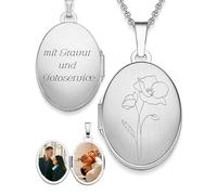 Amoonìc Medaillon Silber 925 oval mit Geburtsblume Mohnblume Geburtsmonat August | Foto Amulett Anhänger antik vintage | personalisierte Halskette Damen