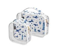 Amooorous 2 Stück Herren Kulturbeutel Transparent Deko mit US-Ballonen, TSA-zugelassen, wasserdicht, für die Rasur, Bolsa Make-up Bolsa, American Ball, Amerikanischer Ballon, Blau, Lady Liberty, One