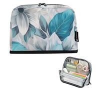 Amooorous A Close Up of Grey and Teal Floral Leaves on White Fabric Pencil Box Case Large Capacity Pen Pencil Case Soft Stationery Pen Bag for Women Grade School Supplies cartucheras para ninos