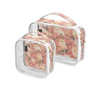 Amooorous Kulturbeutel für Herren, Cartoon-Motiv, niedliches rosa Kätzchen, transparent, dekorativ, TSA-zugelassen, wasserdicht, Make-up-Reisetasche, Rasierutensilien, 2 Stück, Niedliches rosa