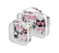 Amooorous Kulturbeutel-Set, Cartoon-Motiv, niedliches schwarz-weißes Kätzchen, transparent, dekorativ, TSA-zugelassen, tragbare Taschen für Frauen, Reisezubehör, 2 Stück, Niedliches schwarz-weißes