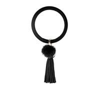 Amorar Frauen Mädchen Armband mit Fransen Handgelenk Schlüsselbund Großer Kreis PU Leder Anti-Lost-Anhänger Schlüsselanhänger Hairball Armbandschlüssel Armreif Schlüsselring Schwarz