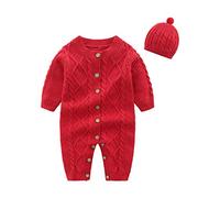 Amorar Neugeborenes Jumpsuit Overall Baby Mädchen Jungen Herbst Winter Säugling Spielanzug Baumwolle Strickpullover Strampler Langarm Onesie Outfit Body Overall mit Warmer Mütze Set Rot