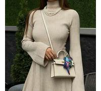 Amore elegantes einfarbiges flauschiges geripptes Stehkragen Langarmkleid, Damen lässiges Trompetenärmel A-Linien Strickkleid, kann als Unter- oder Ob