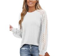 Amoretu Blusenshirt Damen Langarmshirt Spitzentop Longbluse Elegant Oberteil Tunika Langarm Top Weiß M