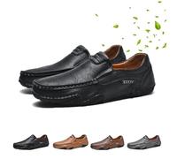 AMOUSDRDR Handgefertigte orthopädische Slip-On-Slipper für Herren, lässiger Leder-Mokassins, Business-Arbeit, flache Schuhe, Schwarz , 44 EU