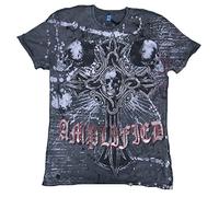 Amplified Herren T-Shirt Grau Anthrazit Saint Sinner Gothic Cross Skull Strass Totenkopf Black Geist Ghost Tattoo Designer Special Edition Rock Star Vintage L 50/52