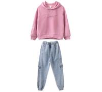 amropi Bekleidungsset für Mädchen, Kapuzen-Sweatshirt und gestreifte Joggingjeans, Hosen, Outfits für 3-15 Jahre, rose, 7-8 Jahre
