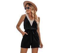 amropi Damen Jumpsuit V-Ausschnitt Playsuit Casual Overalls Kurz Romper Sommer Hosenanzug Schwarz,M