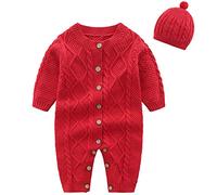 amropi Gestrickte Strampler Baby Mädchen Spieler und Mütze Strickanzug Schneeanzug Overalls Rot,3-6 Monate