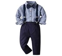amropi Jungen Langarm Bekleidungssets Hemd mit Fliege + Hosenträger Hosen Strampler Anzug Blau Gestreift, 4-5 Jahre