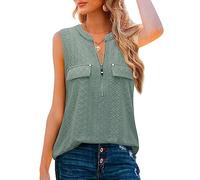Amrto Damen Tops, Casual Sommer V-Ausschnitt Ärmellose Bluse Blusentop mit Reißverschluss Loose Einfarbig Tank Tops Longshirt Lässige Strand Oberteil Tunika für Alltag, Grün XXL