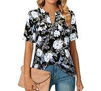 Amrto Damen V-Ausschnitt Bluse Kurzarm Tunika Oberteile Elegant T-Shirt Reißverschluss Sommer Tops Longshirt A-Linie Arbeit Hemd Lässige Damenblusen Oversize Shirt, Blumen Blau Weiß 3XL
