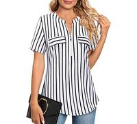 Amrto Kurzarm Damen V-Ausschnitt T-Shirt Casual Bluse Reißverschluss Tunika Tops Elegant Oberteile Sommer Damenblusen Locker A Linie Shirt Freizeit Lose für Arbeit, Streifen Weiß L