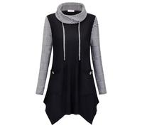 Amrto Pullover Damen Winter Bluse Tunika Turtleneck mit Asymmetrischem Saum Langarm Shirts Tops Lange Sweatshirts Longpullover mit Taschen Große Größen, Schwarz & Hahnentritt XXL