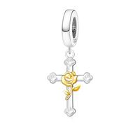 Amuefer S925 Silber 14K Vergoldet Gold Plated Charm Kreuz Cross Rose Kreuzen Passend für Pandora Armbänder, Geschenk zum Geburtstag Ostern Konfirmation Weihnachten für Frauen Mutter Tochter