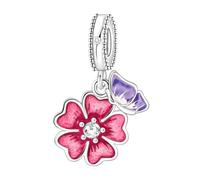 Amuefer S925 Silber Sterling Silver Charm Blume Flower Pink Rosa Schmetterling Butterfly Passend für Pandora Armbänder, Geschenk zum Geburtstag Muttertag Valentinstag Weihnachten für Frauen Tochter