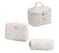 AMUSLESUR Kosmetiktasche aus Baumwolle 3 Stück Gesteppt mit Blumenmotiv für Damen und Mädchen Reise Kulturbeutel mit Großem Henkel und Federmäppchen zum Organisieren von Kosmetik