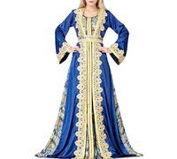 Amxleh Damen Arabisch Dubai Muslim Langarm V-Ausschnitt Blumen Spitze Stickerei Lang Abendkleid Elegant Kaftan Traditioneller Marokkanischen Kaftans Oder Eines Kabylenkleids Lockeres Gewand