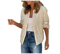 Amxleh Pailletten Mantel Damen, Glitzer Bomberjacke Damen Kurze Blouson Jacke Casual Pilotenjacke Langarm Outwear Zip Up Solid Leichte Coat Winter Sweatjacke Party Oberteil Karneval Kostüm