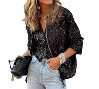 Amxleh Pailletten Mantel Damen, Glitzer Bomberjacke Damen Kurze Blouson Jacke Casual Pilotenjacke Langarm Outwear Zip Up Solid Leichte Coat Winter Sweatjacke Party Oberteil Karneval Kostüm