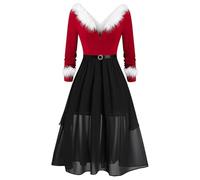 Amxleh Weihnachtskleid für Damen Langarm Vintage Weihnachtskleider Damen Sexy Rockabilly Kleider Damen Ballkleid Elegant Frauen Rotes Kleid Christmas Dresses Mädchen Rot Festlich Festival Große Größe
