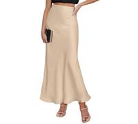 Amy Babe Maxirock aus Satin, elastisch, hohe Taille, A-Linie, lässig, elegant, fließend, lange Röcke für Damen, Solider Champagner, X-Groß