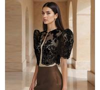 Amyenjoylife Moderne Filipiniana Schmetterlings-Ärmel Filipiniana Damen Frühling/Sommer Spitze Aufgeblähte Kurzarm Kurze Strickjacke Bolero Filipinian