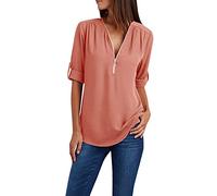 AmyGline Damen Chiffon Bluse Elegant Oberteile Sommer T Shirt V Ausschnitt Reißverschluss Tunika Große Größen Arbeitshemd Einfarbig Blusenshirt Hemdbluse Tops Blusen & Tuniken für Damen