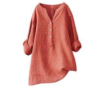 AmyGline Damen Leinenbluse Sommer Bluse Elegant Oberteile V-Ausschnitt T-Shirt Knopfleiste Stehkragen Langarm Longshirt Baumwolle Leinen Tunika Große Größen Tops Blusen & Tuniken für Damen
