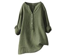 AmyGline Damen Leinenbluse Sommer Bluse Elegant Oberteile V-Ausschnitt T-Shirt Knopfleiste Stehkragen Langarm Longshirt Baumwolle Leinen Tunika Große Größen Tops Blusen & Tuniken für Damen