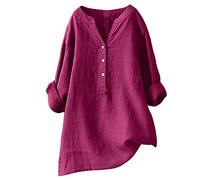 AmyGline Damen Leinenbluse Sommer Bluse Elegant Oberteile V-Ausschnitt T-Shirt Knopfleiste Stehkragen Langarm Longshirt Baumwolle Leinen Tunika Große Größen Tops Blusen & Tuniken für Damen