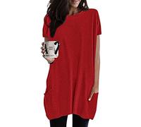 AmyGline Damen Longshirt Kurzarm mit Tasche Oversized Tshirt Lang Longtops T-Shirt Sommer Oberteile Einfarbig Rundhals Longbluse Lässig für Leggings Pullover T-Shirts Frauen Tunika Tops