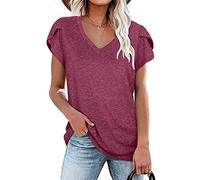 AmyGline Damen Oberteile Sommer T Shirt V Ausschnitt Bluse Elegant Kurzarm Tshirt mit Blumen Aufdruck Blütenblattärmel Tunika Lässig T-Shirt Locker Schicke Tops Blusen & Tuniken für Damen