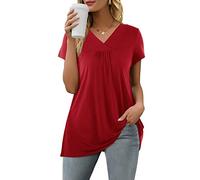AmyGline Damen Oberteile Sommer T Shirt V Ausschnitt Plissiert Tunika Elegant Bluse Kurzarm Schwarz Oberteil Weiss Lässig Tshirt Locker Longshirt Arbeits Tops Blusen & Tuniken für Damen