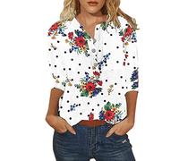 AmyGline Damen Shirt 3/4 Arm Damen Bluse Elegant Blusenshirt Kurzarm Sommer Oberteile Knopfleiste V-Ausschnitt T-Shirt Hemd mit Aufdruck Leicht Lässig Locker Hemdbluse Blusen & Tuniken für Damen