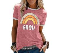 AmyGline Damen T Shirt Kurzarm Oberteile Sommer Regenbogen Tshirt mit Good Brief Gedruckt Rundhals T-Shirt Lässig Sport Tee Tops Bluse Mode T-Shirts für Damen Teenager Mädchen