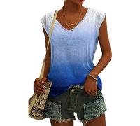 AmyGline Damen T Shirt V Ausschnitt Bluse Elegant Tshirt Sommer Oberteile Ärmelloses T-Shirt mit Flügelärmeln Tanktop Farbverlauf Lässig Locker Klamotten T-Shirts für Damen Teenager Mädchen