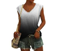 AmyGline Damen T Shirt V Ausschnitt Bluse Elegant Tshirt Sommer Oberteile Ärmelloses T-Shirt mit Flügelärmeln Tanktop Farbverlauf Lässig Locker Klamotten T-Shirts für Damen Teenager Mädchen