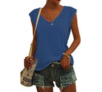 AmyGline Damen T Shirt V Ausschnitt Bluse Elegant Tshirt Sommer Oberteile Ärmelloses T-Shirt mit Flügelärmeln Tanktop Schlicht Lässig Locker Klamotten T-Shirts für Damen Teenager Mädchen