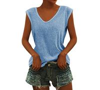 AmyGline Damen T Shirt V Ausschnitt Bluse Elegant Tshirt Sommer Oberteile Ärmelloses T-Shirt mit Flügelärmeln Tanktop Schlicht Lässig Locker Klamotten T-Shirts für Damen Teenager Mädchen