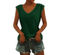 AmyGline Damen T Shirt V Ausschnitt Bluse Elegant Tshirt Sommer Oberteile Ärmelloses T-Shirt mit Flügelärmeln Tanktop Schlicht Lässig Locker Klamotten T-Shirts für Damen Teenager Mädchen